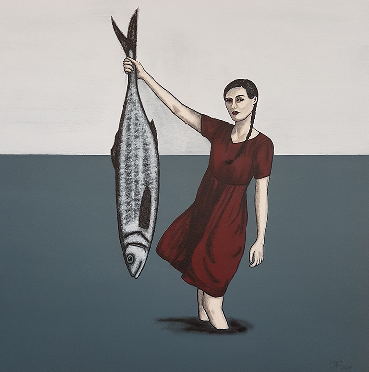 V.P. mit Fisch - 2019, Acryl auf Leinwand, 80 x 80 cm